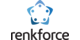 Logo mit fünf braunen, stilisierten Blättern, die einen Stern um eine zentrale weiße Form mit fünf Punkten bilden. Darunter steht 'renkforce'.